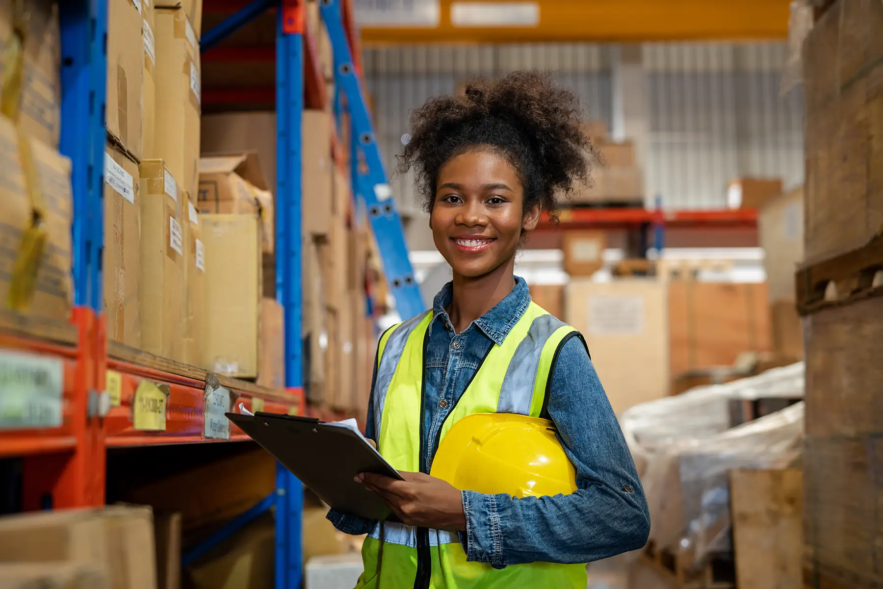 Temporary worker smiling at camera while in warehouse