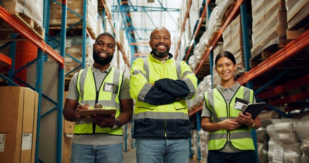 Warehouse workers wearing vests and smiling.